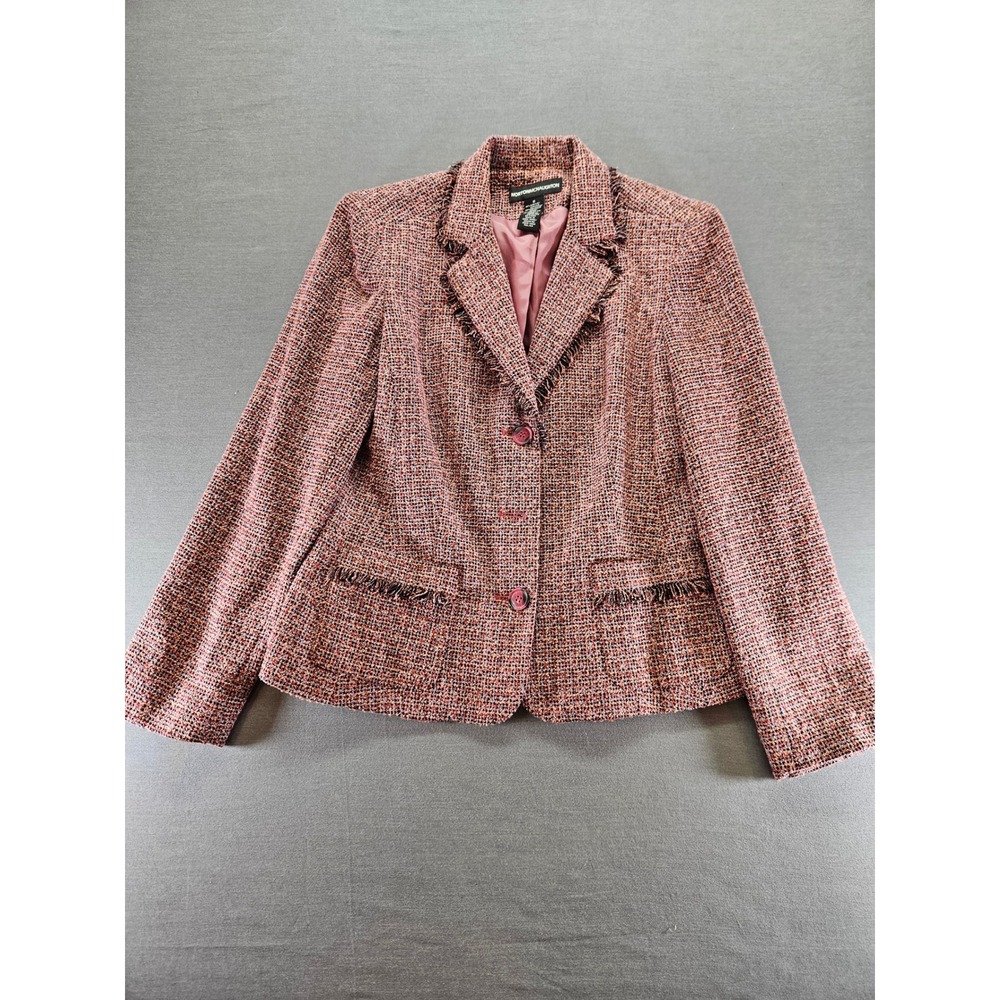 Norton McNaughton Womens Pink Red Tweed Boucle Fringe Blazer Jacket Size 6
